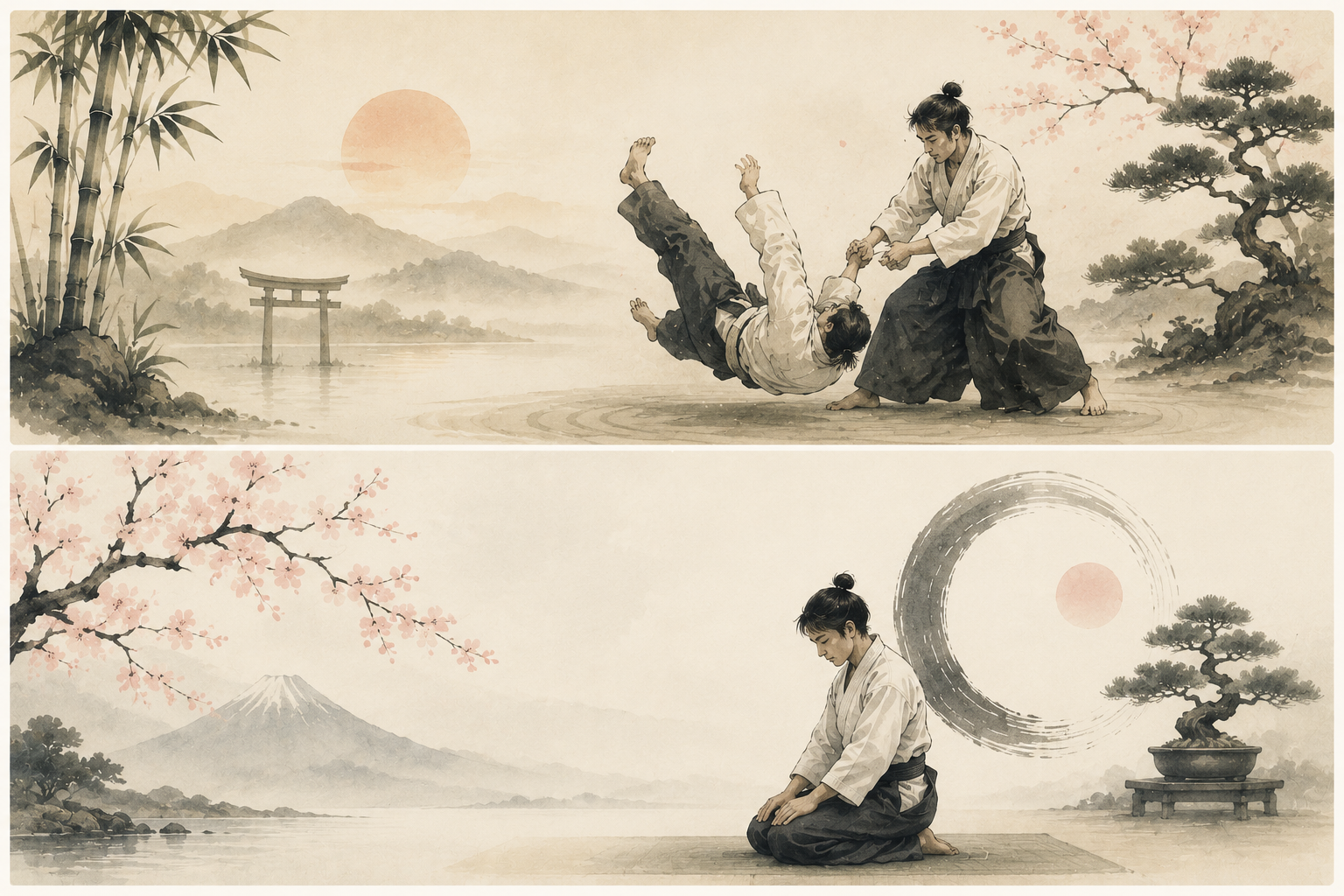 Illustration sumi-e : projection au crépuscule, torii et montagnes