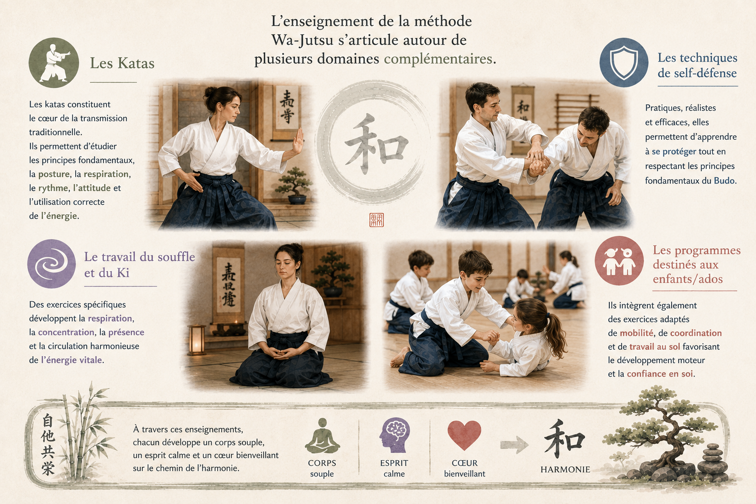 Illustration des différents enseignements de la méthode Wa-Jutsu : katas, self-défense, souffle et programmes enfants