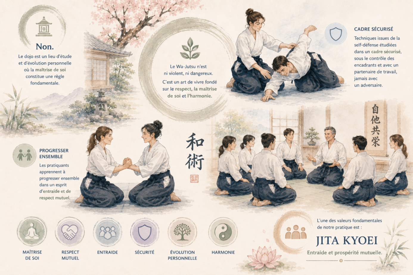 Illustration sur la pratique sécurisée, le respect mutuel et l'entraide au dojo