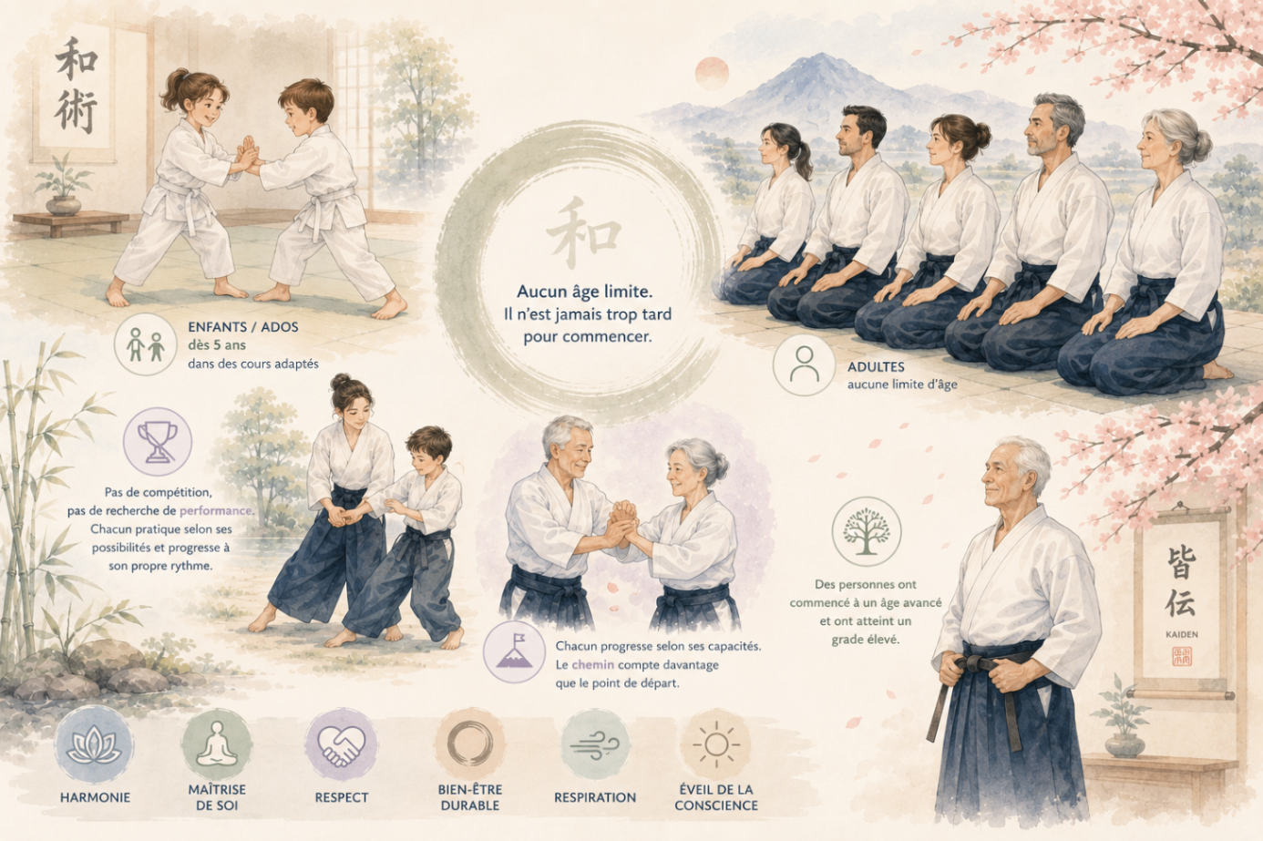Illustration montrant la pratique du Wa-Jutsu pour les enfants, adultes et seniors
