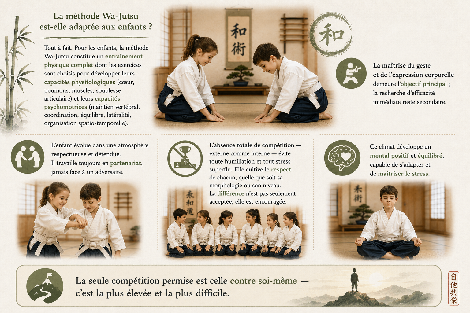 Illustration montrant la pratique du Wa-Jutsu pour les enfants dans un cadre bienveillant, sans compétition