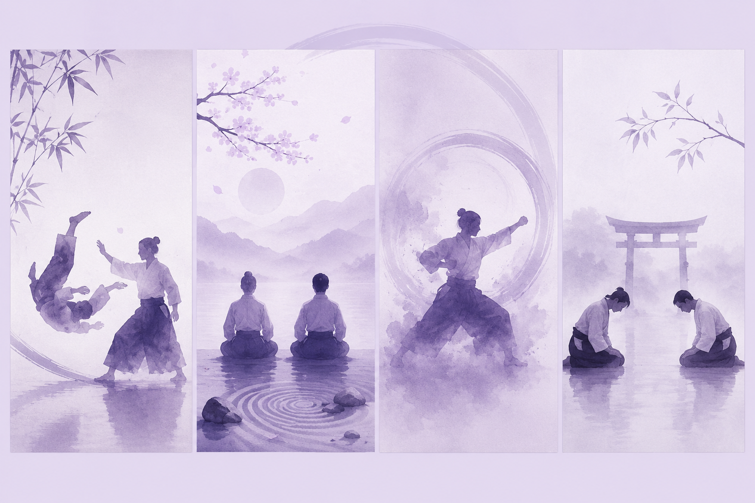Illustration sumi-e : les quatre piliers — Jū, Wa, Ki, Rei