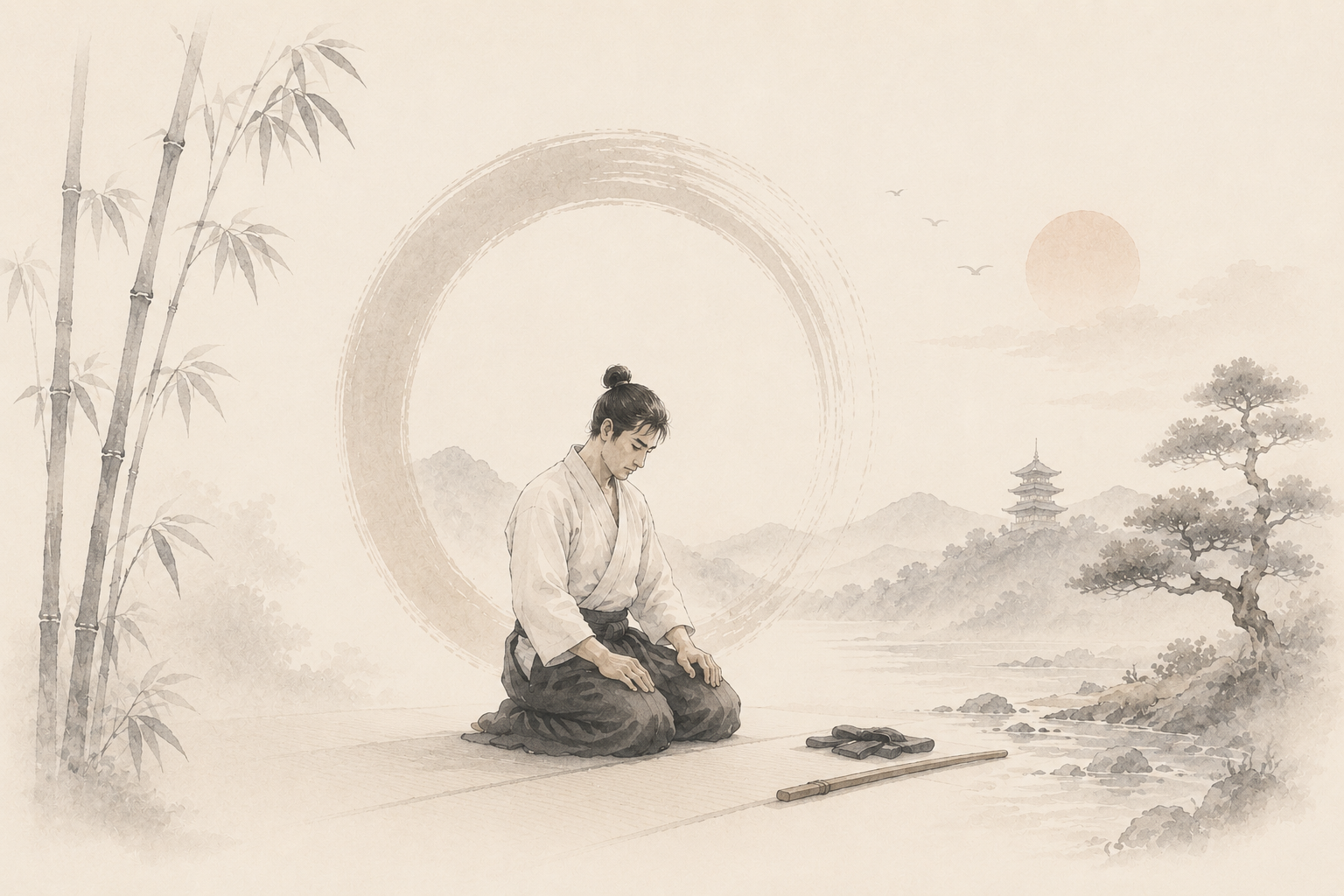 Pratiquant en seiza devant un ensō, illustration aquarelle
