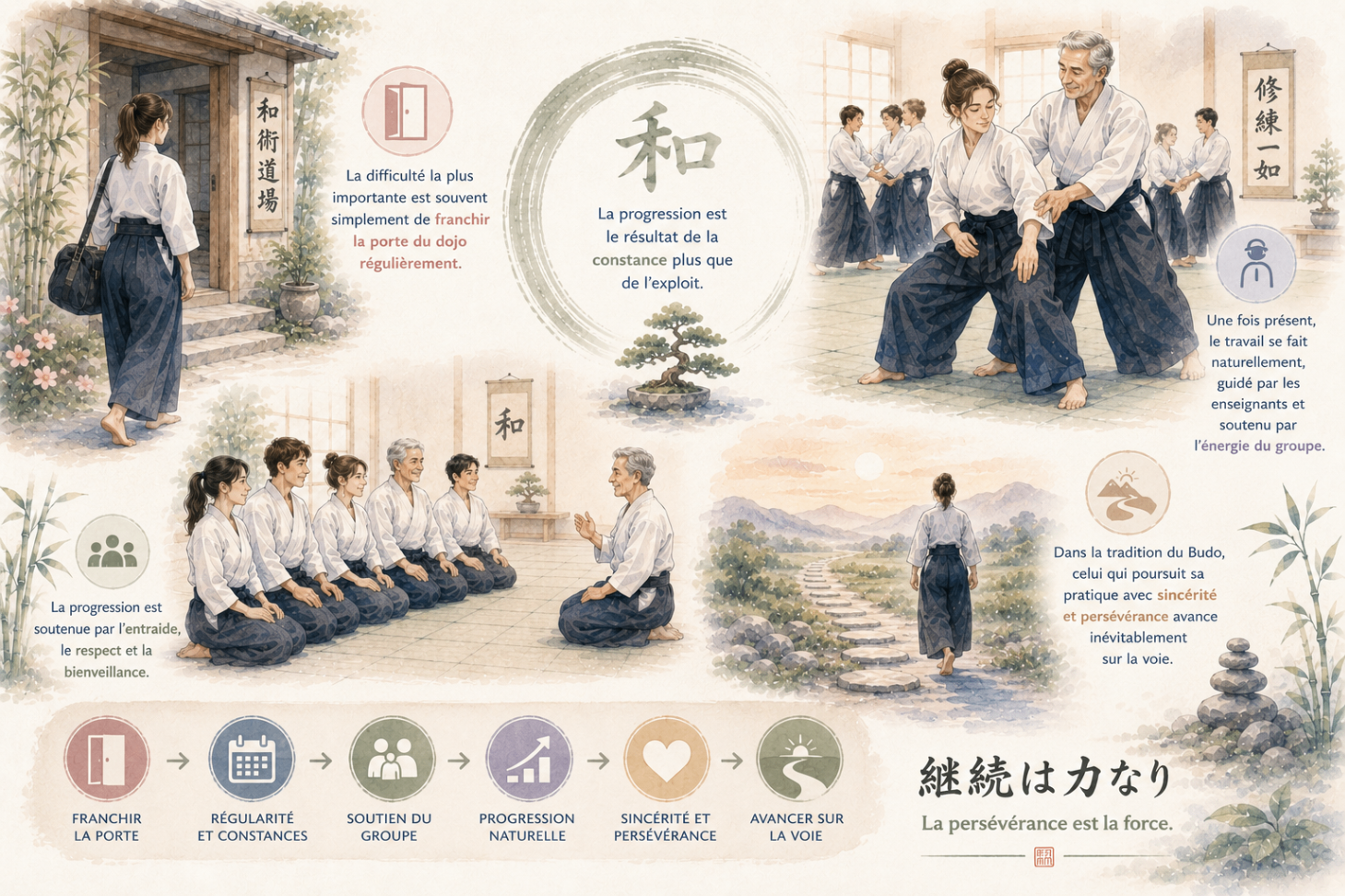Illustration sur la persévérance, le franchissement de la porte du dojo et la progression par la constance