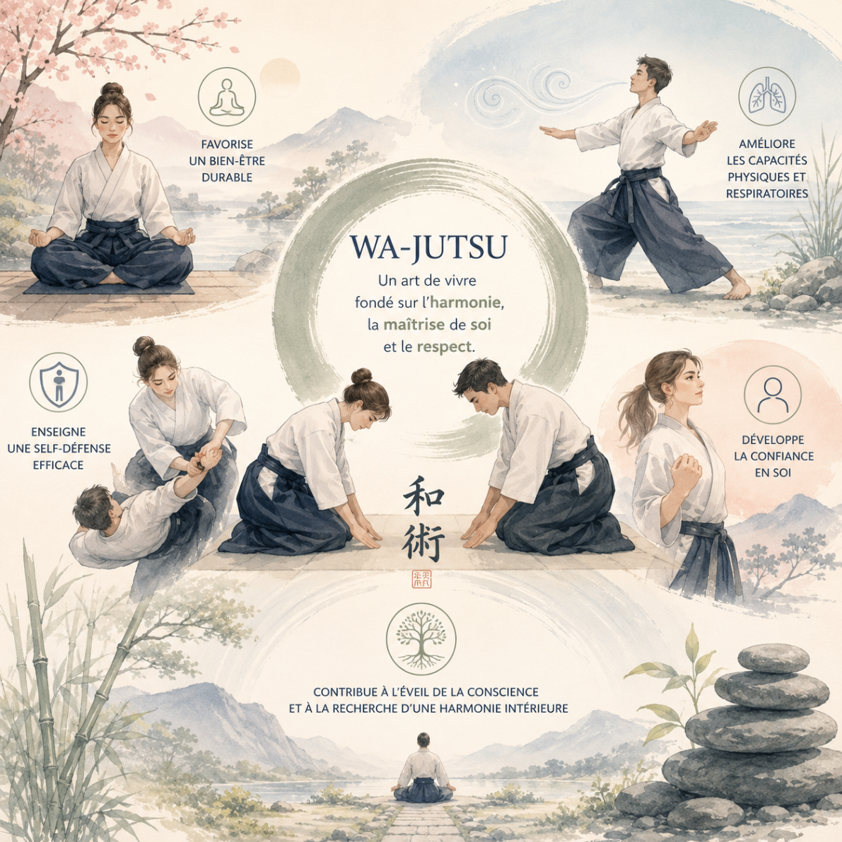 Illustration des bienfaits du Wa-Jutsu : harmonie, souffle, self-défense et confiance en soi