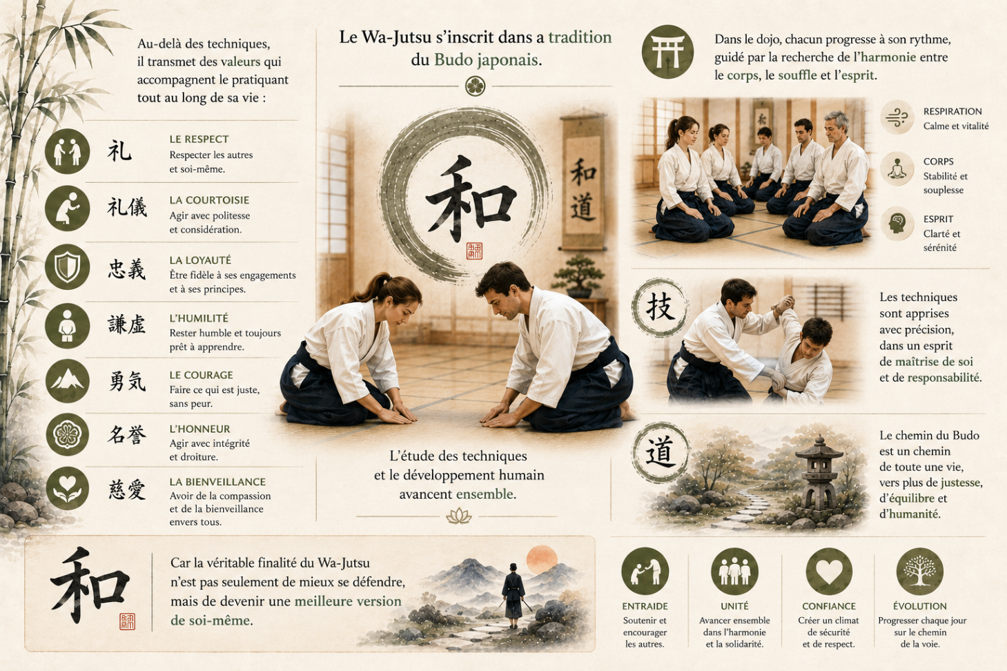 Illustration évoquant l'esprit du Wa-Jutsu, les valeurs du Budo, l'harmonie et le développement humain